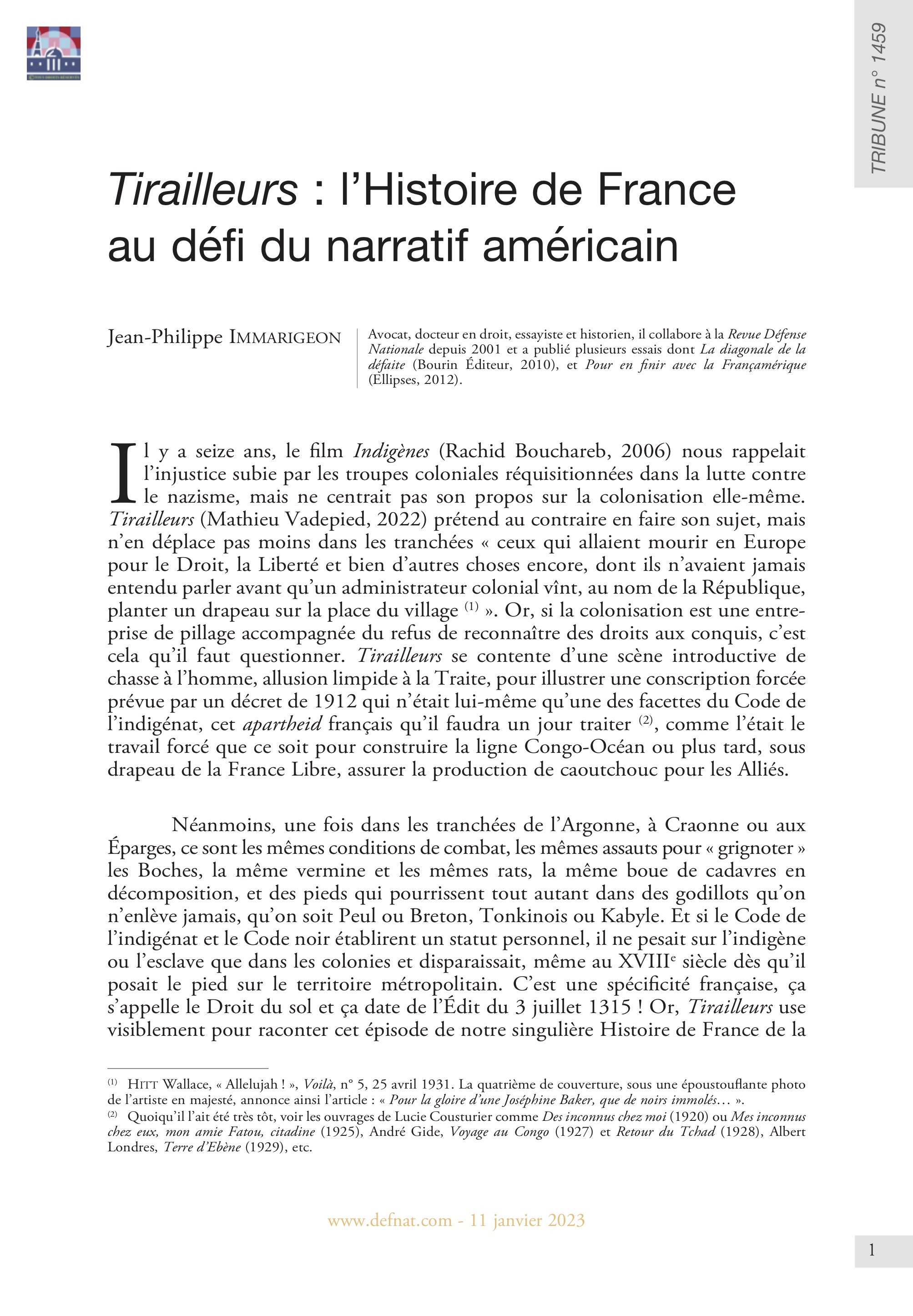 Tirailleurs : l’Histoire de France au défi du narratif américain (T 1459)
